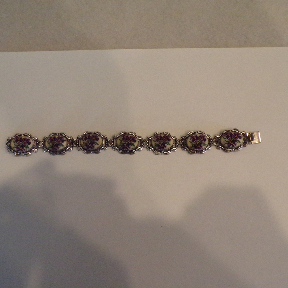 Vintage Austria Tapestry Bracelet Women 7in Purple Good Petit Point Filigree